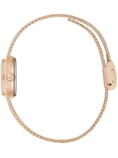 Roségoldfarbene Damenuhr mit Netzarmband und seitlicher Krone, rundes Gehäuse