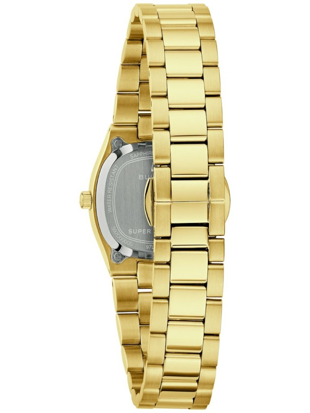 Bulova Damenarmbanduhr mit goldenem Gehäuse, seitlicher Krone und Metallarmband