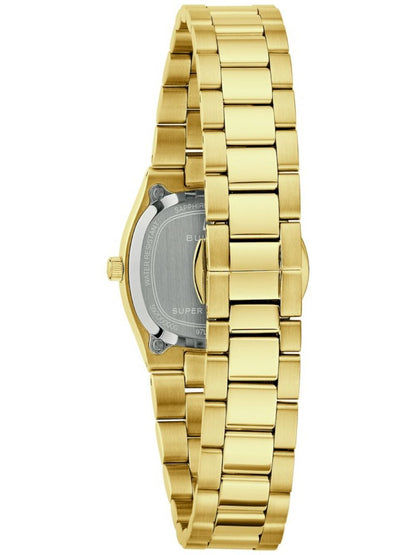 Bulova Damenarmbanduhr mit goldenem Gehäuse, seitlicher Krone und Metallarmband