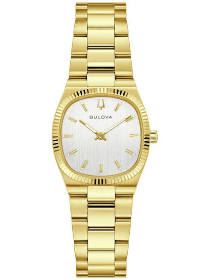 Damenarmbanduhr von Bulova mit goldenem Metallarmband und weißem Zifferblatt, Quarzwerk