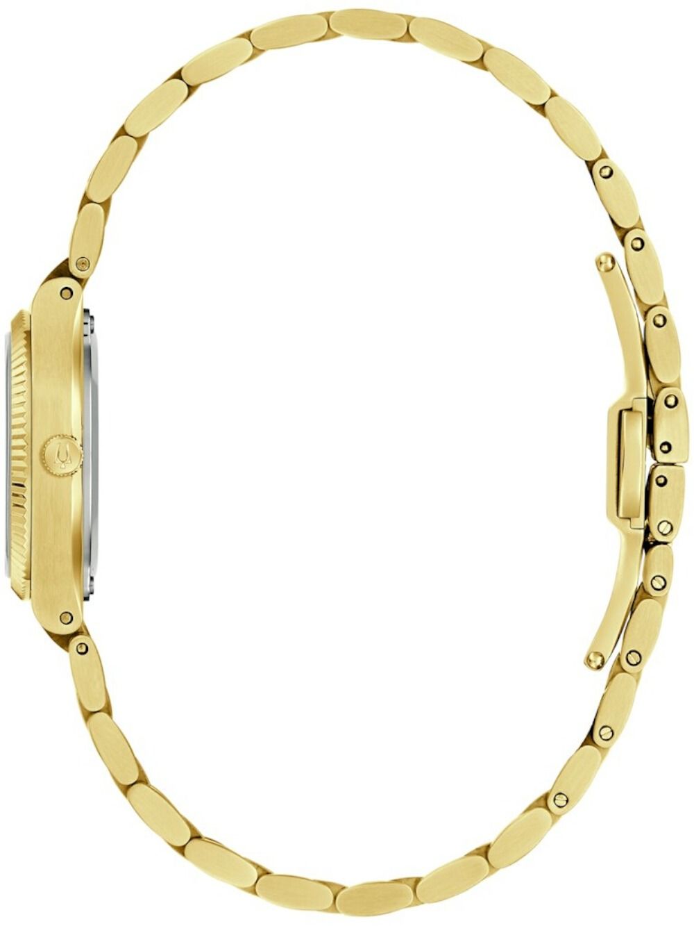 Bulova Damenarmbanduhr: goldfarbene Gliederarmbandansicht von der Seite