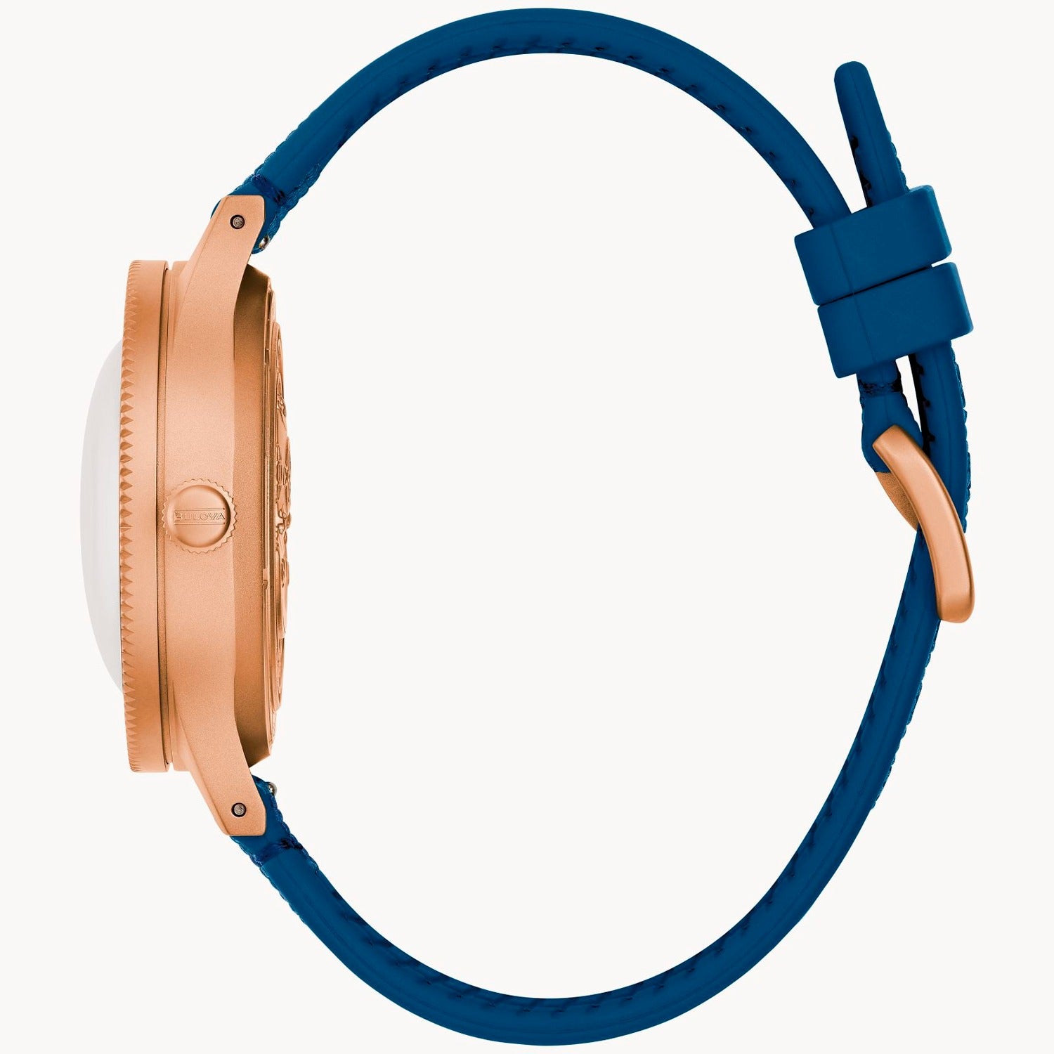 Herrenuhr seitlich: rosegoldbronzenes Gehäuse mit Krone und blaues Textilband