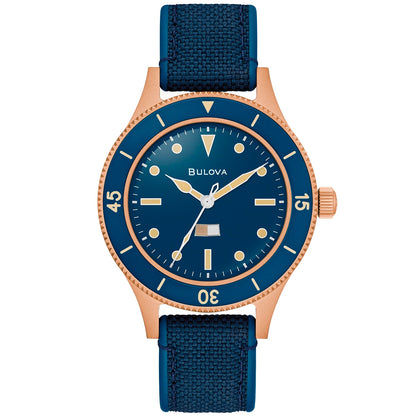 Herrenuhr mit blauem Zifferblatt, goldbronzenem Gehäuse und blauem Textilband, große Zeiger