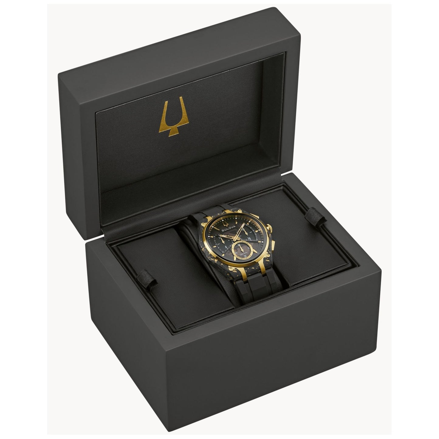 Bulova Herrenchronograph in schwarzer Box mit schwarzem Armband und Chronograph-Ziffernblatt