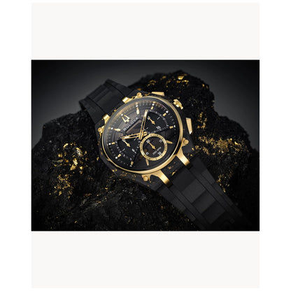 Herrenchronograph Bulova schräg mit schwarzem Ziffernblatt, goldenen Details und schwarzem Armband