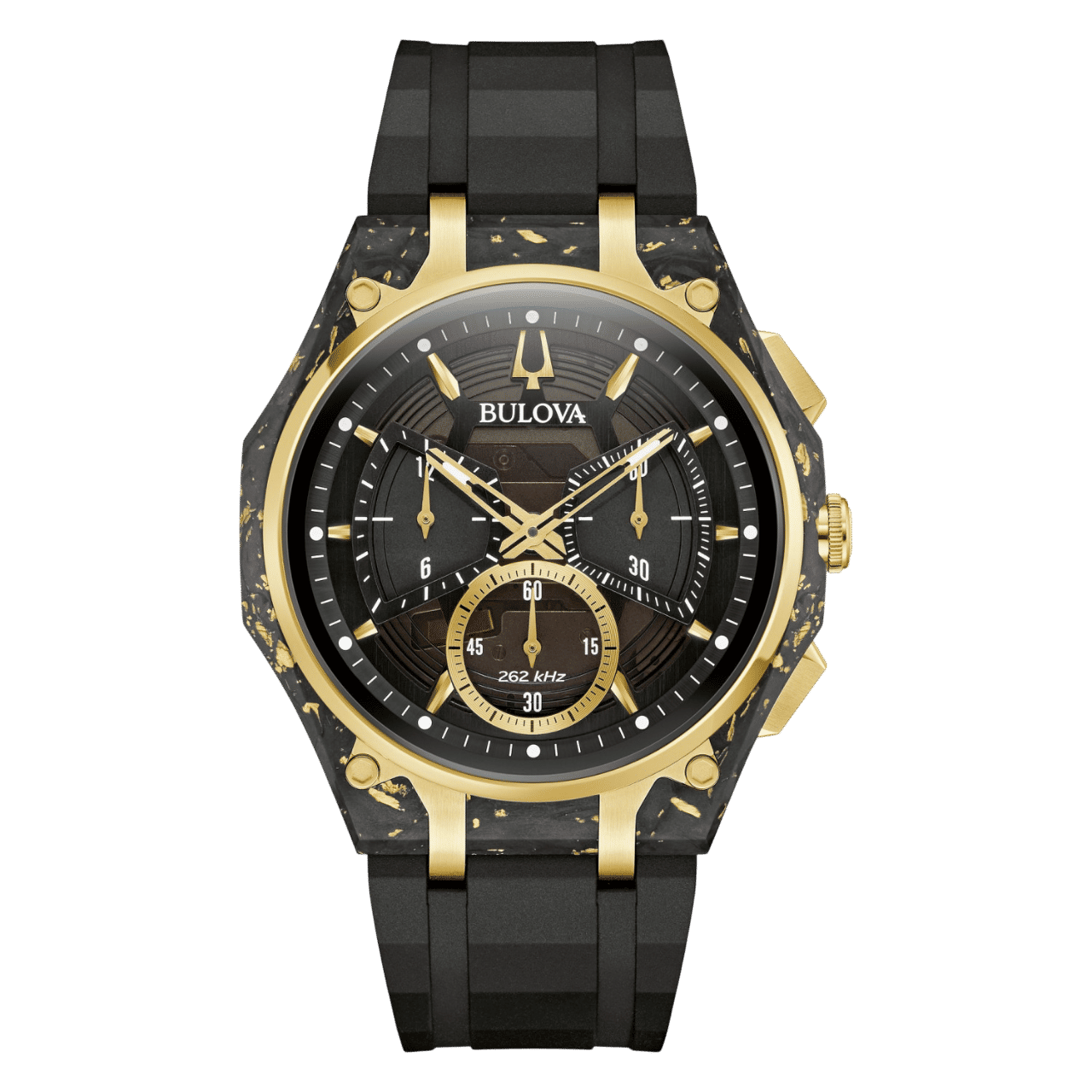 Herrenchronograph Bulova mit schwarzem Ziffernblatt, goldenen Akzenten und schwarzem Armband