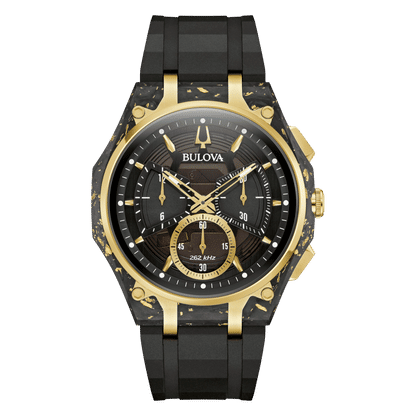 Herrenchronograph Bulova mit schwarzem Ziffernblatt, goldenen Akzenten und schwarzem Armband