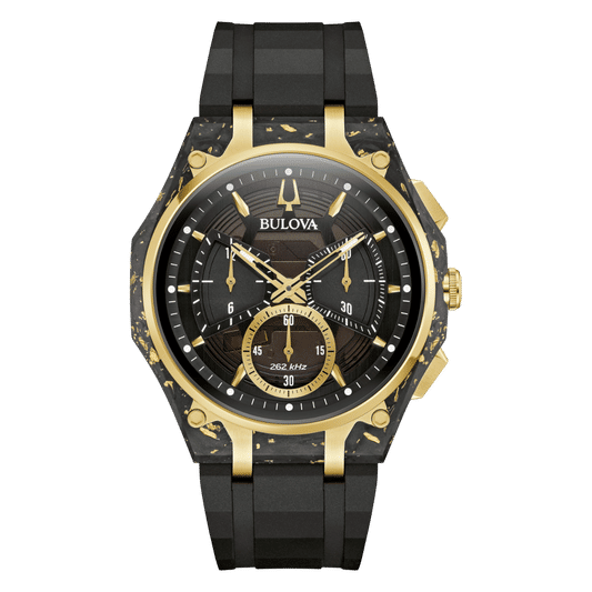 Chronograf męski Bulova z czarną tarczą, złotymi akcentami i czarnym paskiem