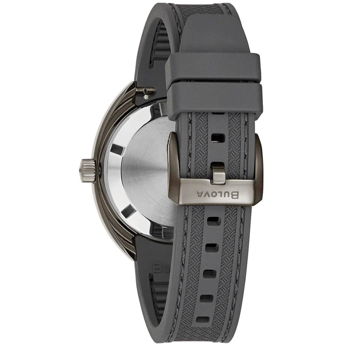 Herren-GMT-Uhr mit grauem Textilband und Schließe, sichtbare Krone und Gehäusekante
