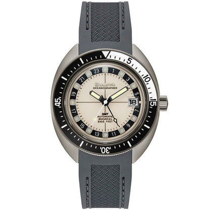 Herren-GMT-Automatik-Uhr mit dunklem Zifferblatt, grauem Textilband, Saphirglas