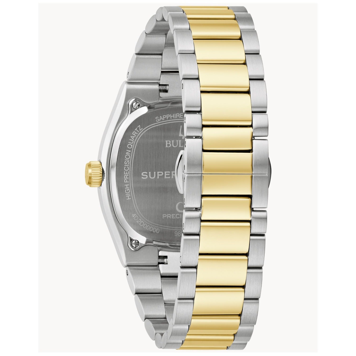 Seitenansicht Herrenarmbanduhr: gold-silbernes Edelstahlband mit blauem Zifferblatt, Saphirglas