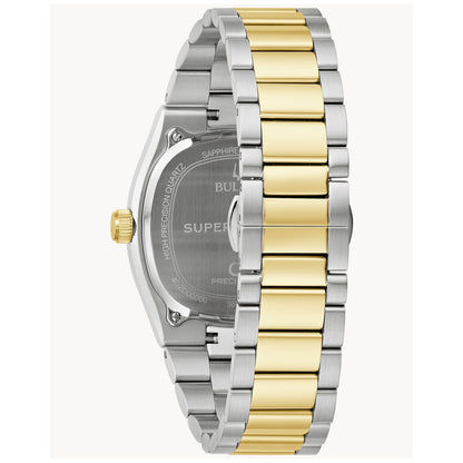 Seitenansicht Herrenarmbanduhr: gold-silbernes Edelstahlband mit blauem Zifferblatt, Saphirglas