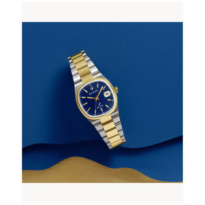 Zweifarbige Herrenarmbanduhr mit blauem Zifferblatt und gold-silbernem Edelstahlband