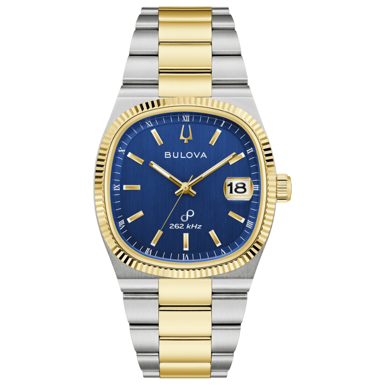 Zweifarbige Herrenarmbanduhr: blaues Zifferblatt, gold-silbernes Edelstahlband, Datumsanzeige