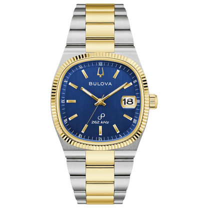 Zweifarbige Herrenarmbanduhr: blaues Zifferblatt, gold-silbernes Edelstahlband, Datumsanzeige