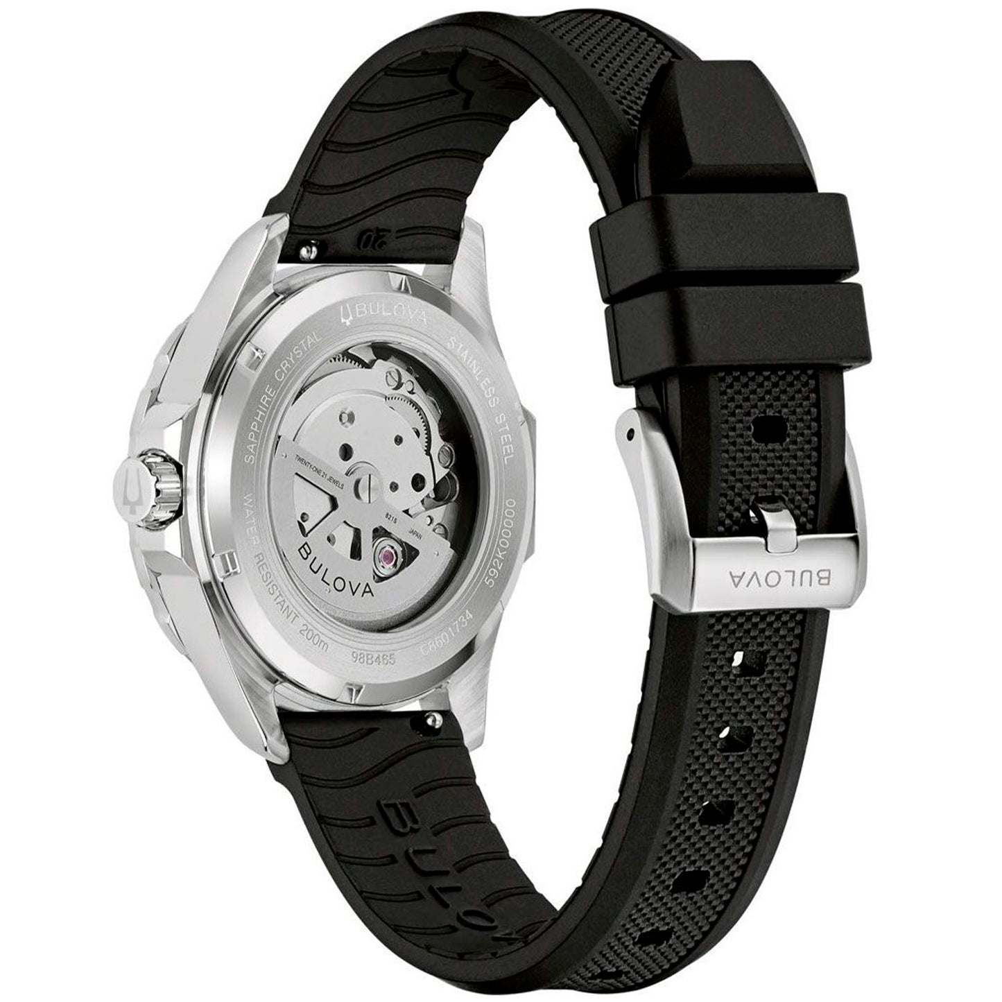 Rückansicht Herrenarmbanduhr: sichtbares Automatikwerk, schwarzes Kautschukband