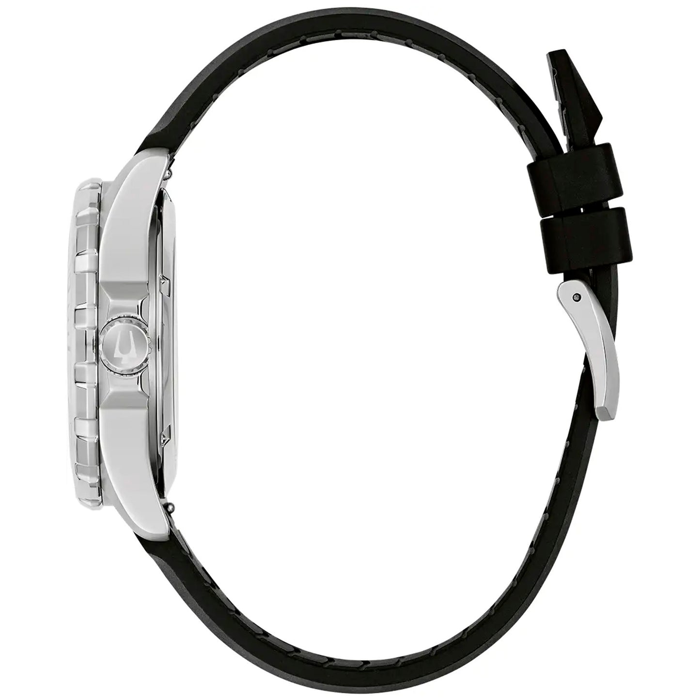 Seitenansicht Herrenarmbanduhr mit silbernem Edelstahlgehäuse und schwarzem Kautschukband