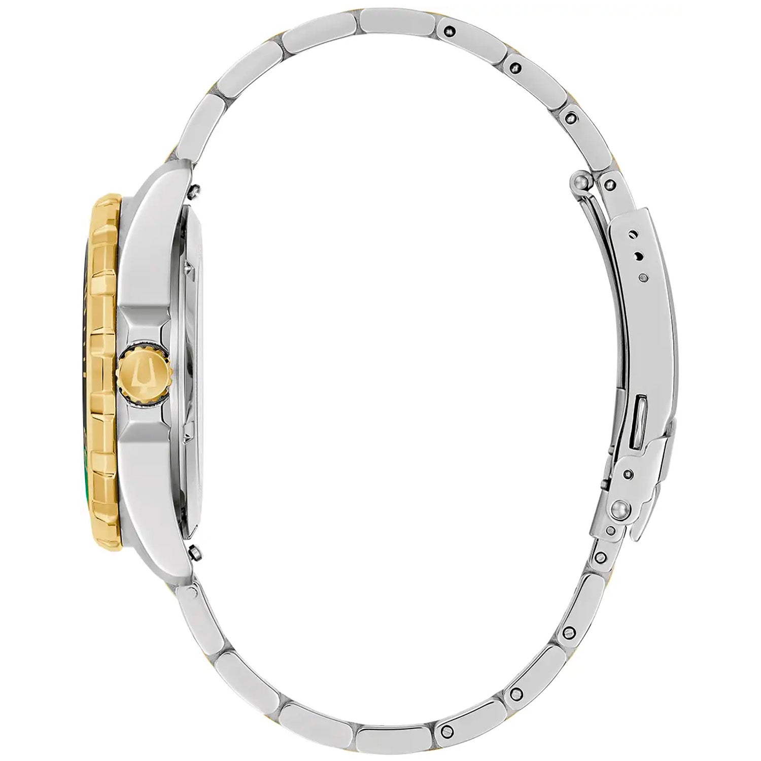 Bulova Marine Star Herrenuhr Seitenansicht mit Krone, Edelstahlarmband und goldener Lünette
