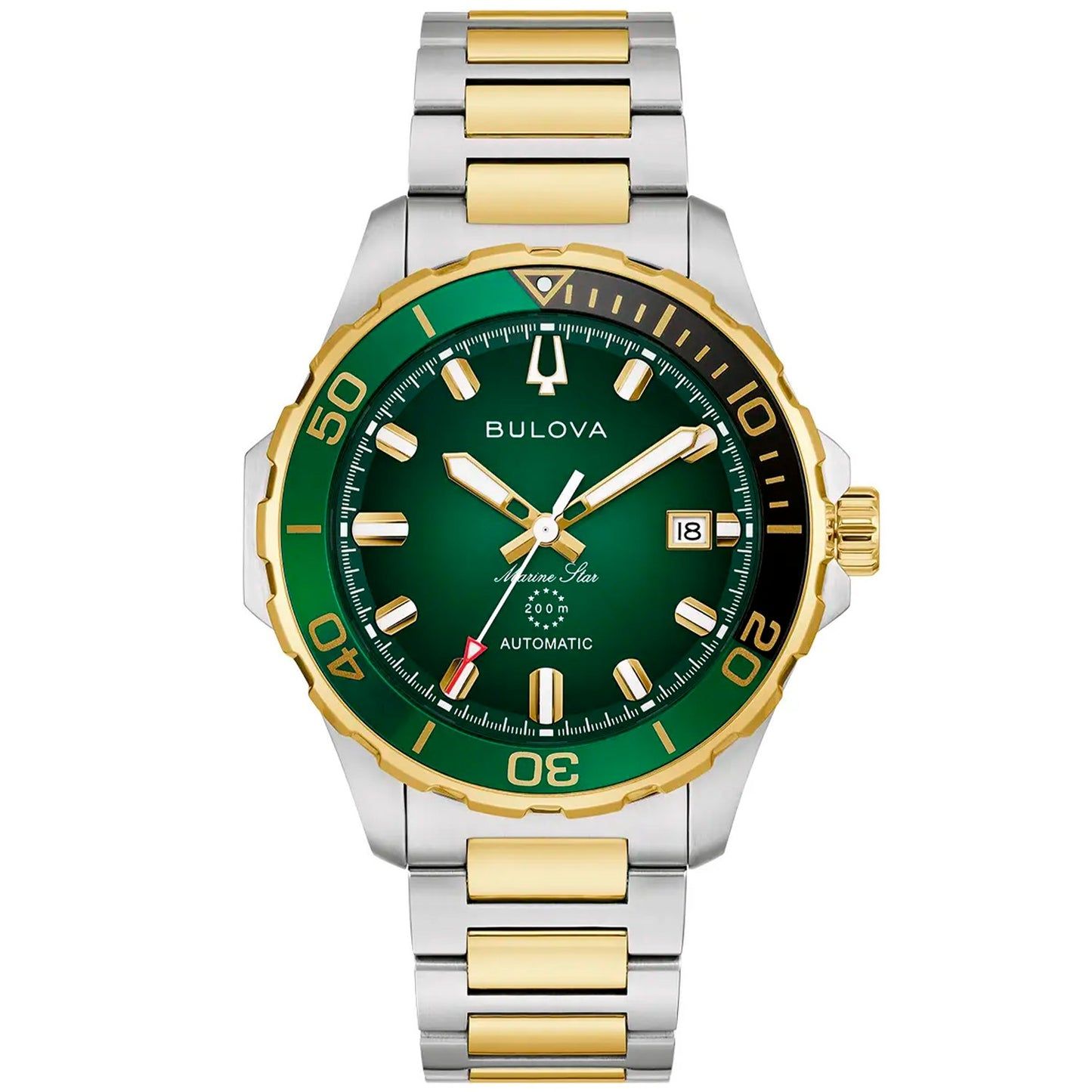 Bulova Marine Star Herrenarmbanduhr mit grünem Zifferblatt, goldenen Akzenten, Edelstahlband