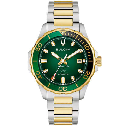 Bulova Marine Star Herrenarmbanduhr mit grünem Zifferblatt, goldenen Akzenten, Edelstahlband