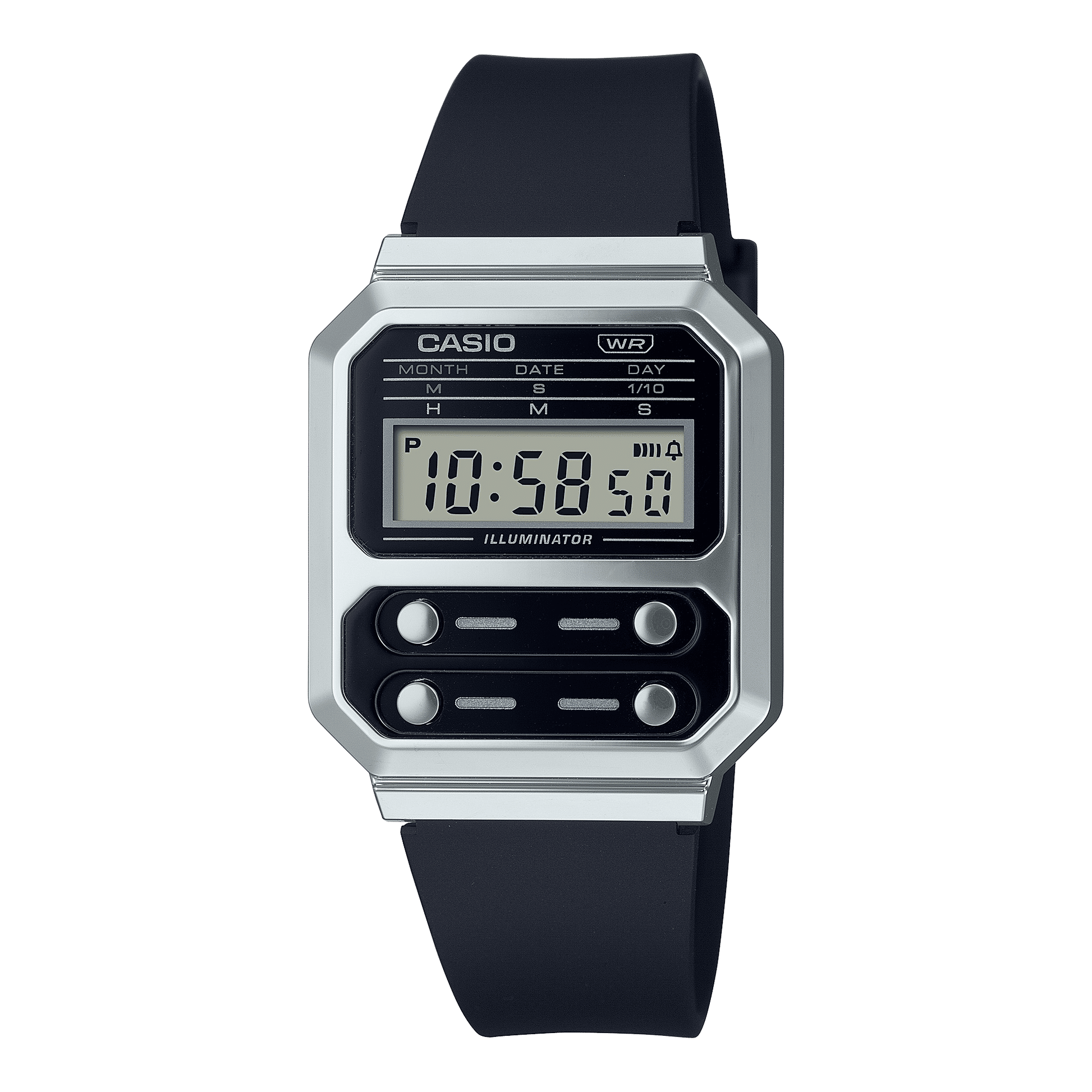 Casio Unisex-Digitaluhr frontal: silbernes Gehäuse, dunkles Gummiarmband, digitales Display