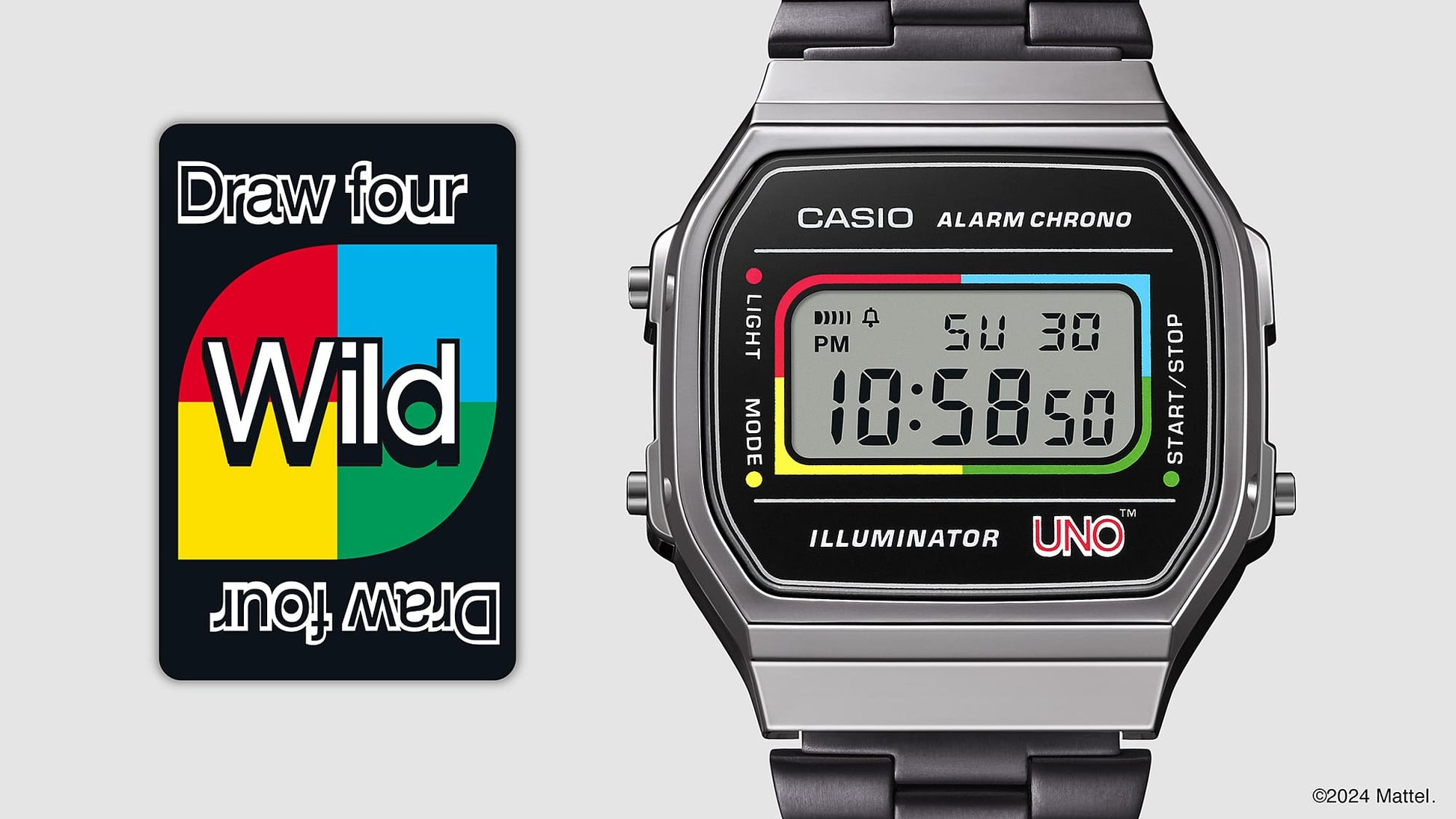 Armbanduhr-Front mit schwarzem Metallarmband, digitales Display mit UNO-Label