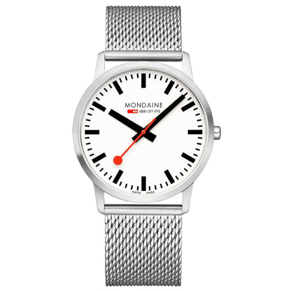Herrenarmbanduhr Mondaine mit silbernem Mesh-Armband, weißem Zifferblatt und roten Zeigern