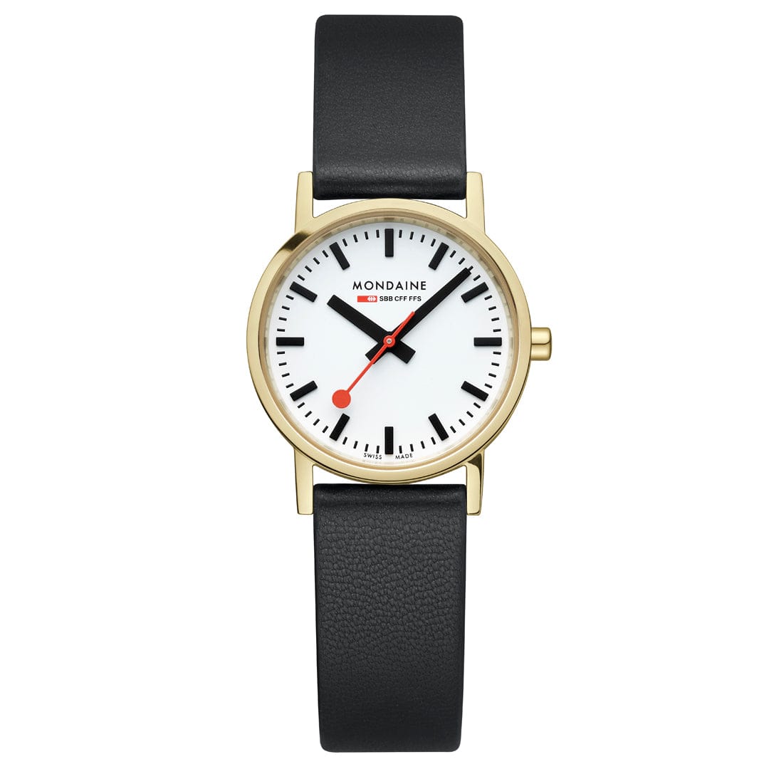 Mondaine-Armbanduhr mit schwarzem Lederarmband und weißem Zifferblatt, goldfarbenem Gehäuse