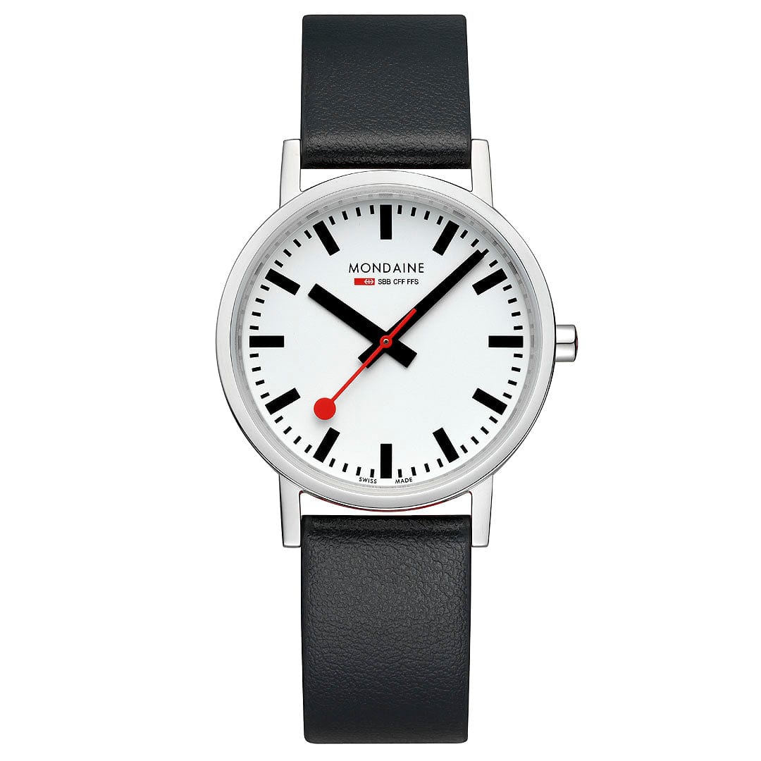 Mondaine Classic Damenarmbanduhr mit schwarzem Lederband und weißem Zifferblatt