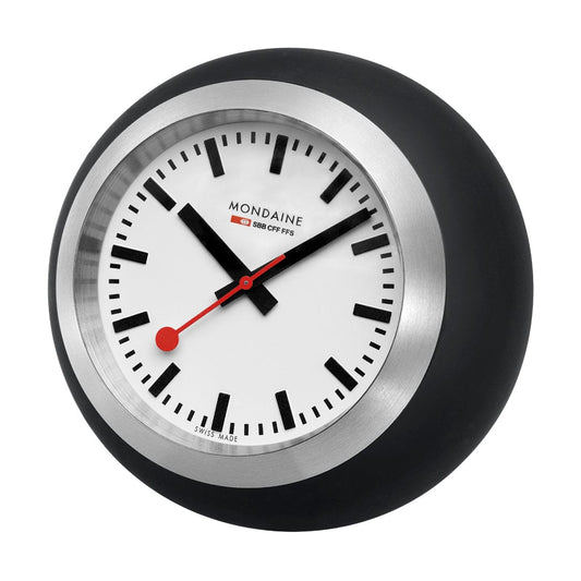 Mondaine Globe Uhr mit schwarzem Gehäuse, silbernem Zifferblatt und roten Zeigern