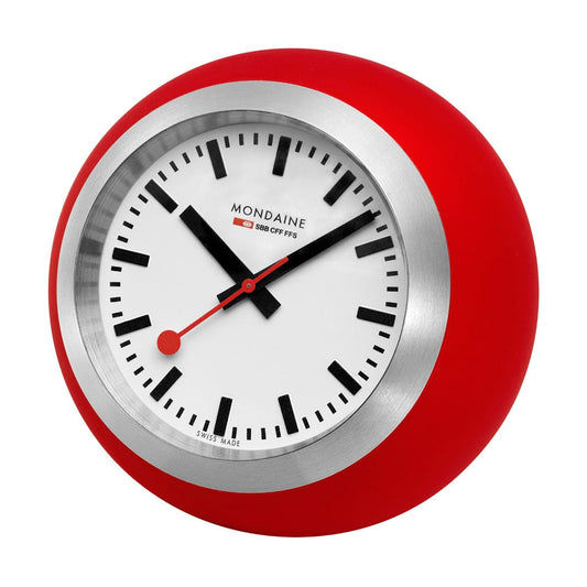 Globe-Wanduhr: roter Rand, silbernes Gehäuse, weißes Zifferblatt, schwarze Zeiger