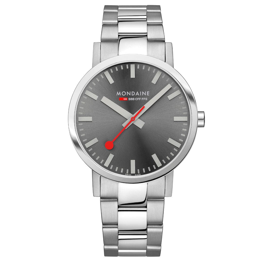Herrenuhr mit silberfarbenem Metallarmband, grauem Zifferblatt und roten Zeigern