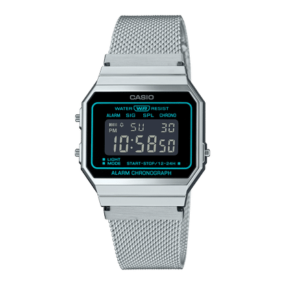 Casio Vintage Digitaluhr mit grünem LCD-Display und Mesh-Edelstahlarmband