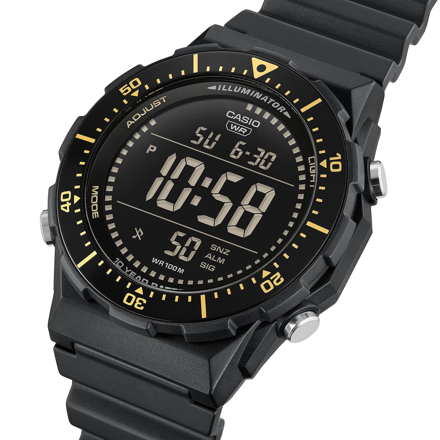 Schwarze Casio Digitalarmbanduhr schrägansicht mit LED-Zeitdisplay und gelb-orangem Ring