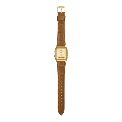 Armbanduhr mit braunem Echtlederband und goldener Schließe, kleines beiges Zifferblatt