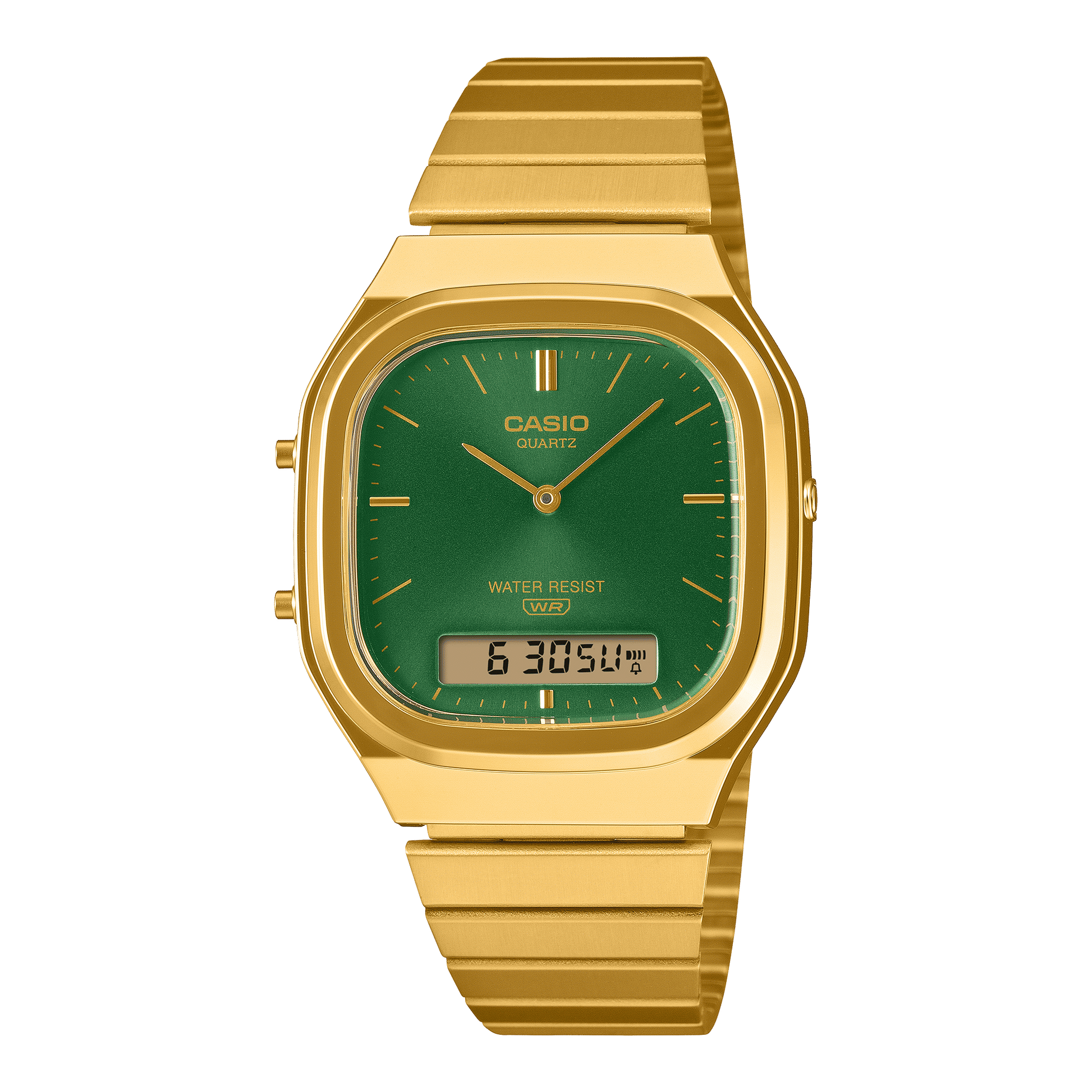 Casio Vintage AQ-240EG Armbanduhr, analog-digital, grün mit goldfarbenem Edelstahlband