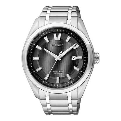 Herrenarmbanduhr mit silbernem Metallarmband und schwarzem Zifferblatt mit Streifen, CITIZEN