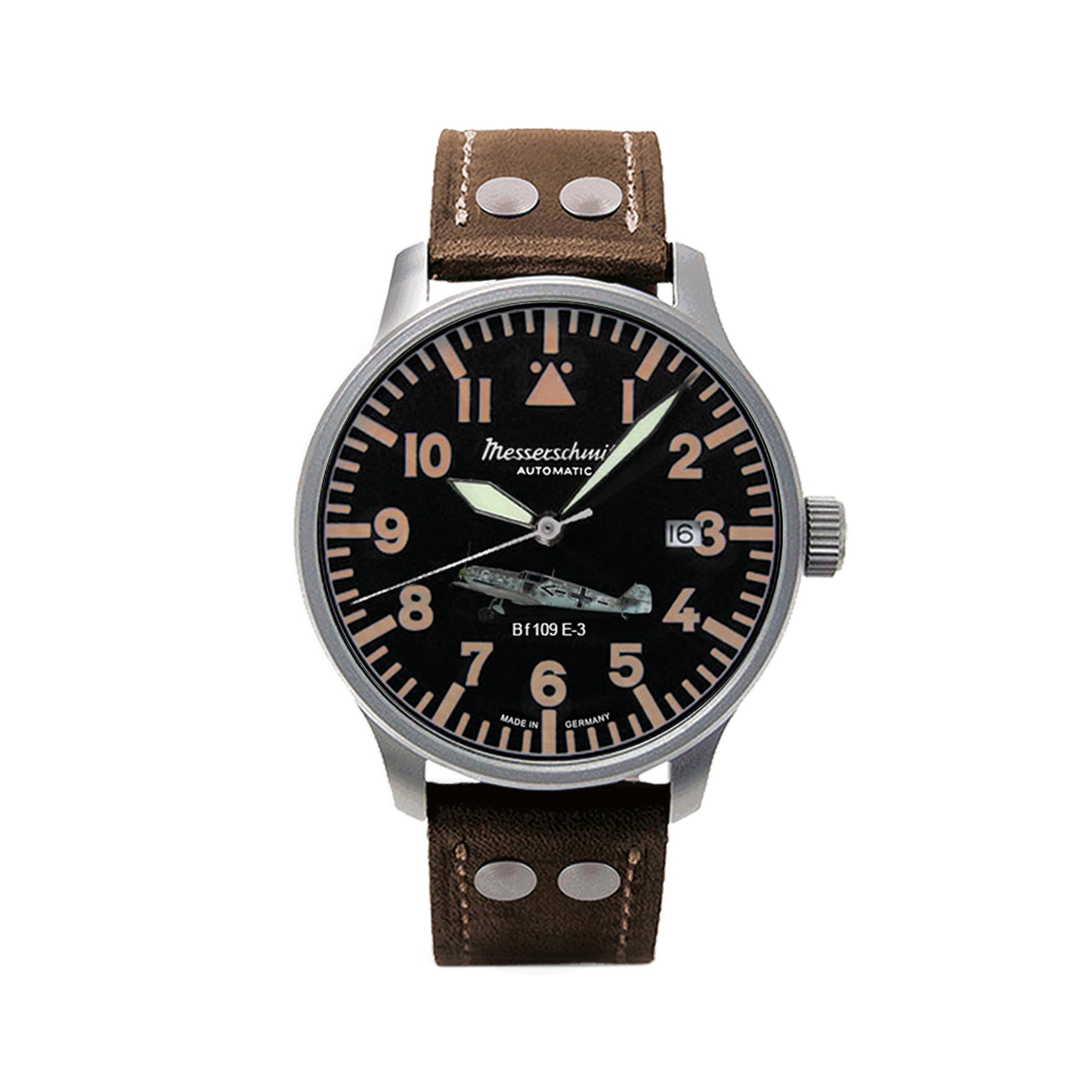 Pilotenuhr mit schwarzem Zifferblatt, braunem Lederband und grünen Zeigern