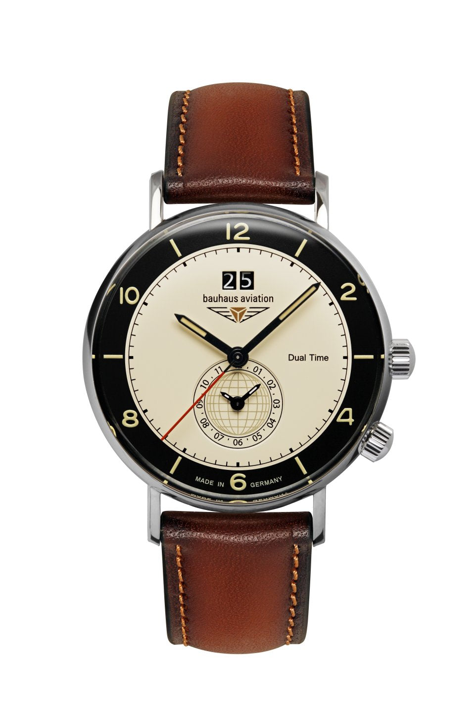 Herren-Armbanduhr mit schwarzem Zifferblatt, beigem Nebenuhrwerk und braunem Lederband