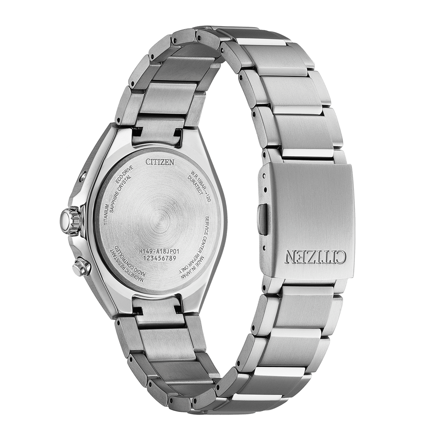 Citizen Super Titanium Armbanduhr Gehäuseansicht mit silbernem Edelstahlarmband und Rückseite