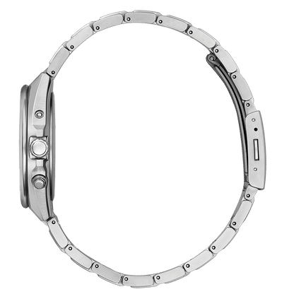Citizen Super Titanium Armbanduhr, Seitenansicht mit silbernem Metallarmband