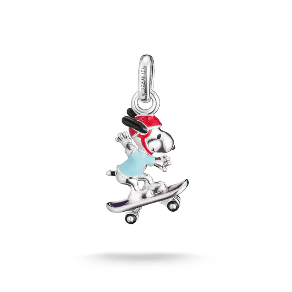 Pendentif en argent sterling 925 avec Snoopy sur skateboard, émaillé rouge/bleu