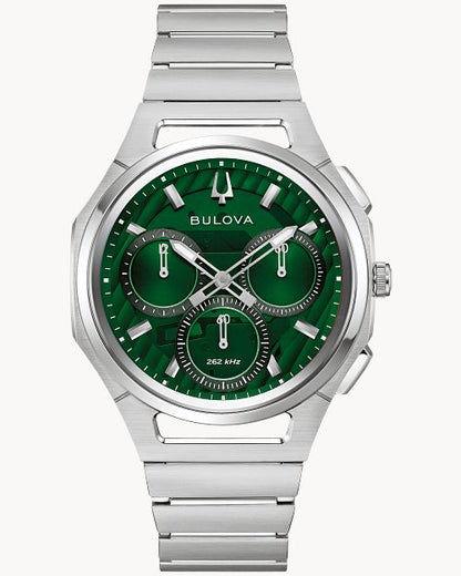 Bulova Herrenarmbanduhr mit grünem Zifferblatt, Chronograph-Optik und Metallarmband