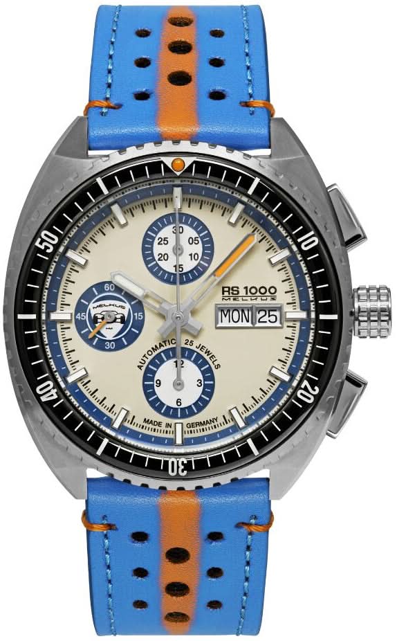 Bracelet : bracelet en cuir bleu, boîtier argenté, cadran chronographe