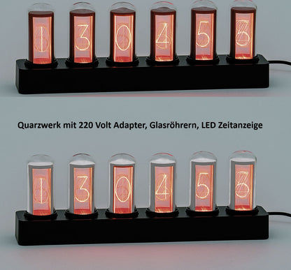 Horloge de table avec six tubes lumineux en verre sur une base noire