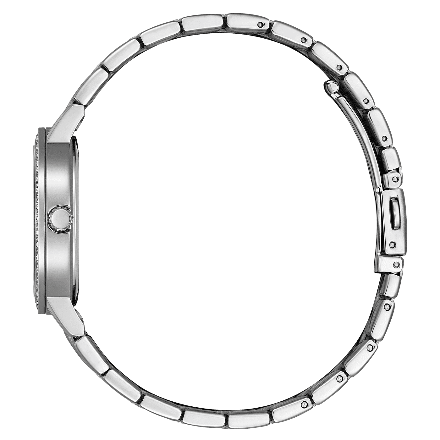 Damenuhr, Seitenansicht: Edelstahlgehäuse und Gliederarmband