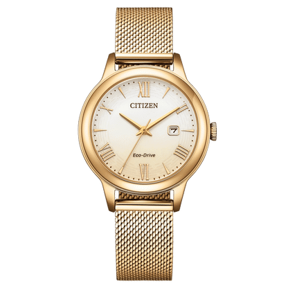 Armbanduhr mit Milanaiseband, goldfarben, Zifferblatt mit römischen Ziffern und Eco-Drive