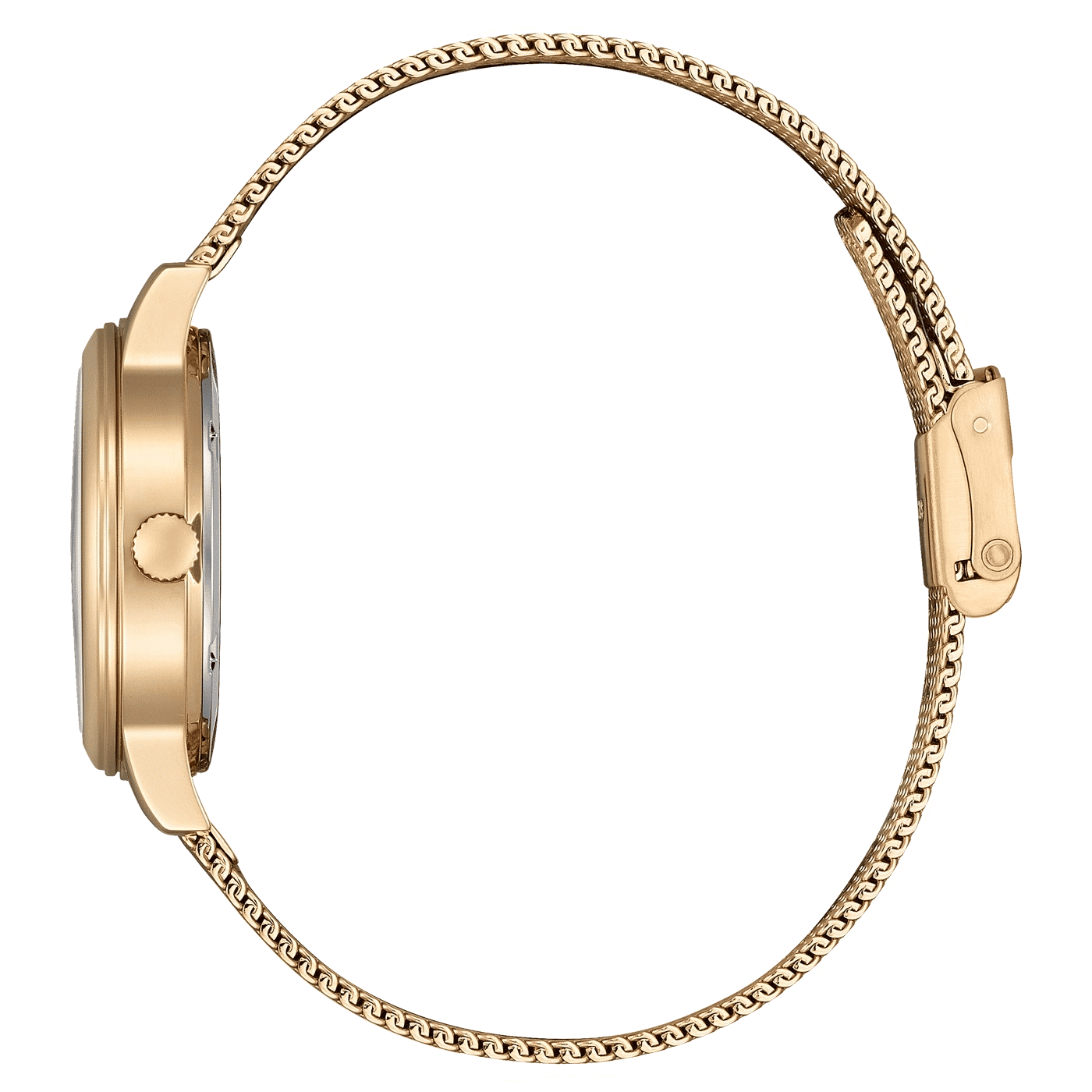Armbanduhr mit goldfarbenem Milanaise-Meshband, seitliche Ansicht mit Krone