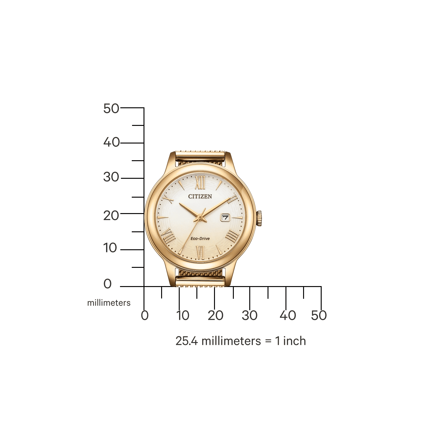 Armbanduhr Vorderansicht, goldfarbenes Gehäuse, Zifferblatt mit Eco-Drive und römischen