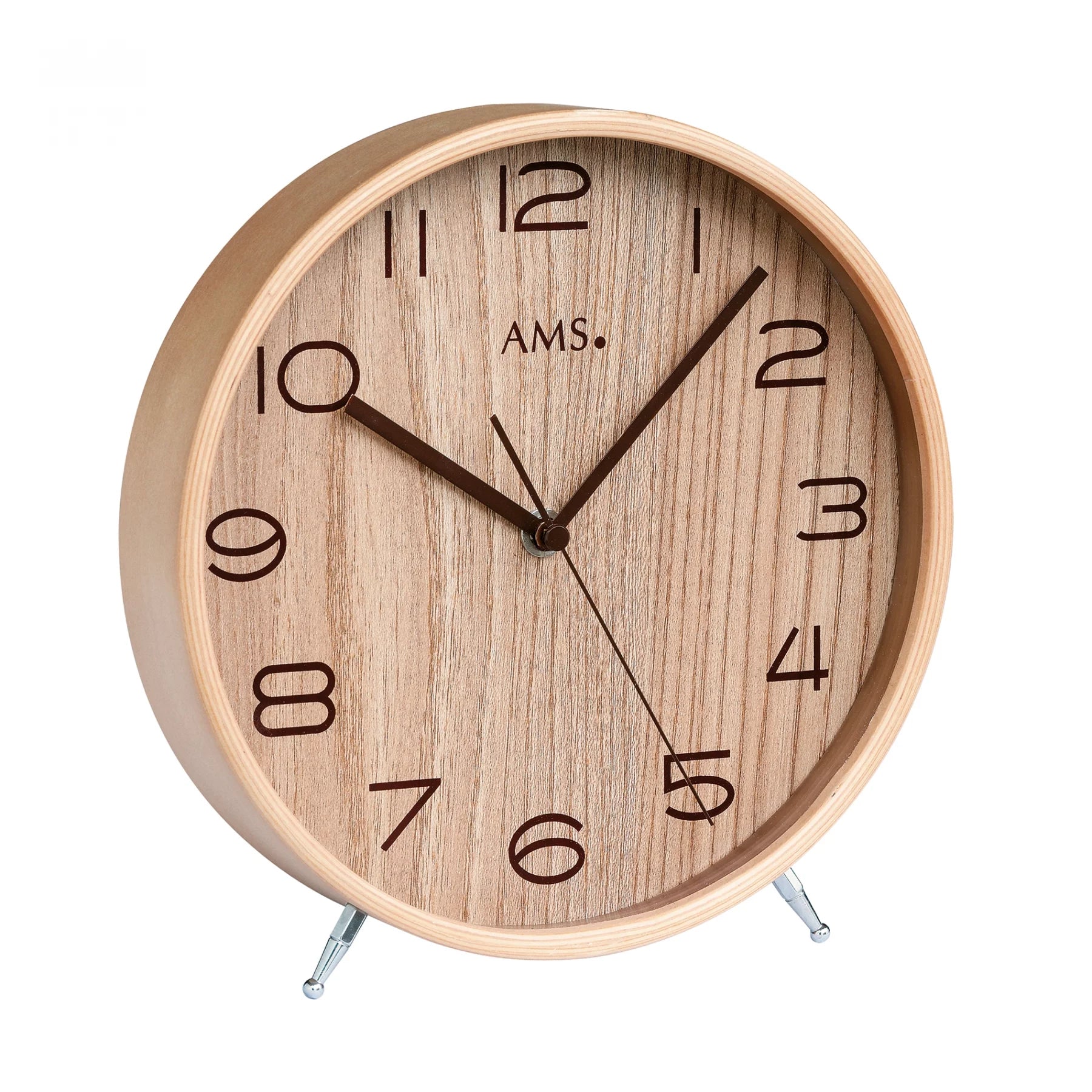 Radio-réveil de table avec cadran rond en bois de hêtre clair et aiguilles marron